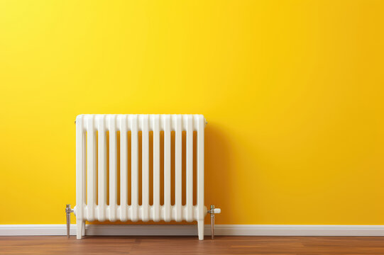 White radiator in front of a yellow wall