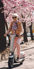Fototapeta premium Generative AI, a gray-haired elderly stylish woman in glasses on an electric scooter or moped rides along a blooming spring European street, grandmother and modern transport, old age, active lifestyle