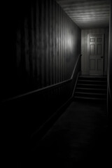 Door at the end of a dark hallway