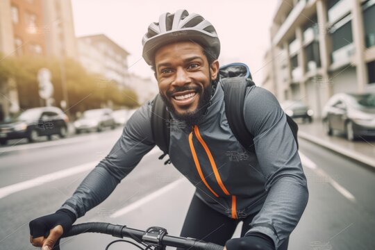 Cheerful african american man in helmet riding bicycle in city