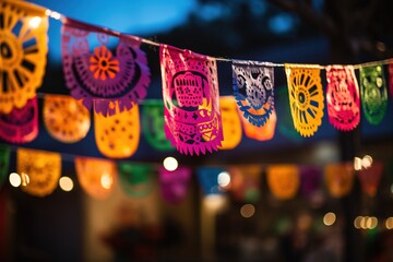 Colorful papel picado adorns night party. Made with Generative AI.