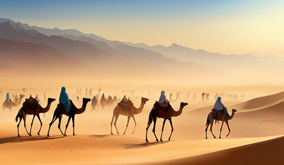 Arab nomads in the sunny desert , Created with Generative AI technology