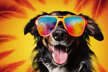 A holiday cool dog is smiling sunglasses with a colorful  background ; a vacation background or banner