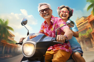 A retired asian senior is travelling cheerful with holiday clothing on a nature vibrant trip on vacation while retired