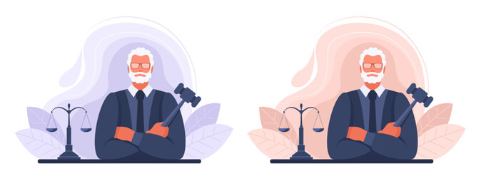 The judge is a gray-haired adult man in a robe sitting with a hammer and scales. The concept of court and justice, law, sentence, justice. Set of vector illustrations in brown and blue.