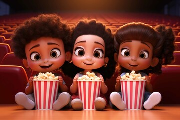 Three happy 3d multiracial kids characters with popcorn watching a movie in a cinema theater created with Generative AI.