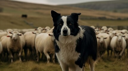 border collie herding sheep - generative ai - obrazy, fototapety, plakaty