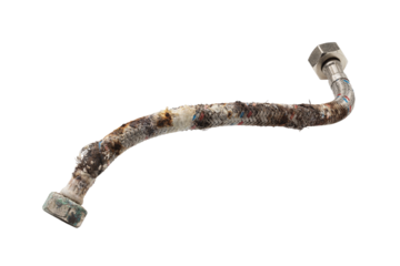 Damaged water hose with traces of corrosion, deformation of the protective layer and limescale isolated on a white background
