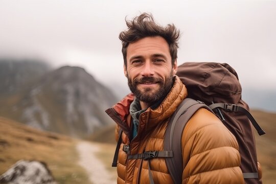 Handsome young man with backpack hiking in mountains. Travel and adventure concept.