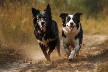 two border collies running in a field - generative ai