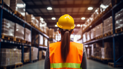 back view of worker woman in modern warehouse, generative ai