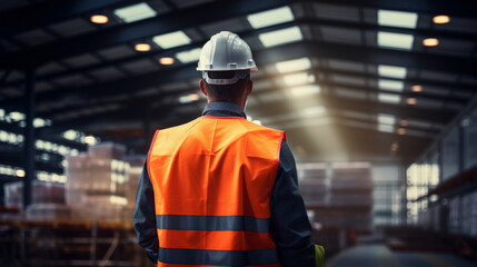 back view of worker man in modern warehouse, generative ai