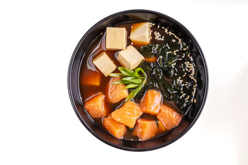 miso soup with salmon on white background for online restaurant menu