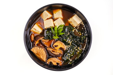 miso soup with mushrooms on white background for online restaurant menu