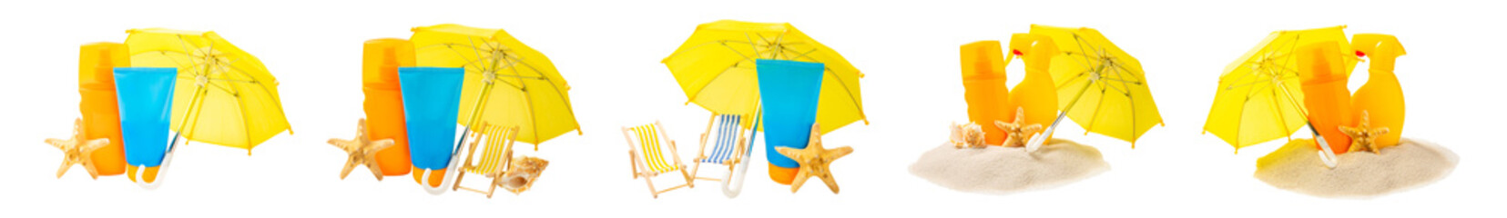 Sunscreen isolated on white background. SPF cream and sea shells, beach umbrella. Sun protection. UV protection. Summer. The concept of rest and vacation. Summer mood.