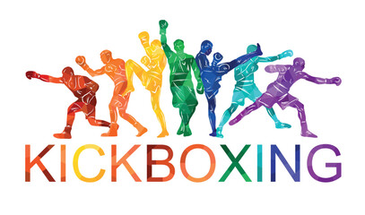 Colorful vector illustration silhouettes of boxers, thai boxers, kickboxers. Unity sports boxing, Thai boxing, kickboxing