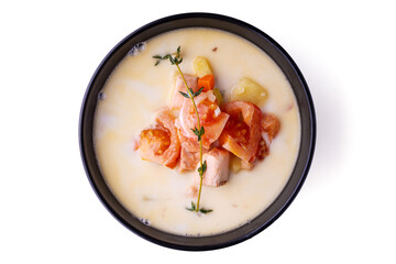 norwegian soup with salmon on white background for online restaurant menu