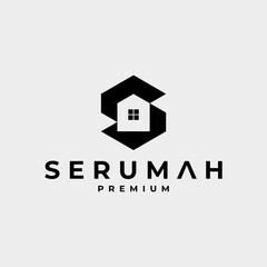 SERUMAH BUILDING HOME LETTER S LOGO BLACK VECTOR ICON ILLUSTRATION PREMIUM