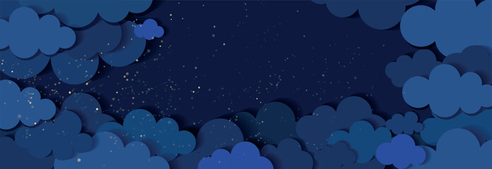 The night sky is cut out of paper. Night clouds with a background with stardust (stars) on dark blue. Magical concept, simple design. Peaceful night background in stylized cartoon style. Vector - 626003181