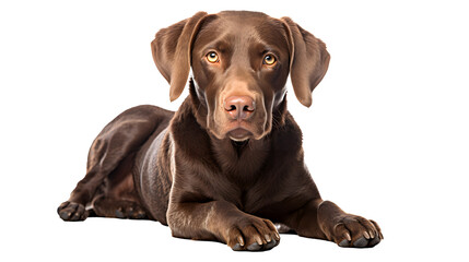 Niedliches, verspieltes Hündchen oder Haustier spielt und sieht glücklich aus, isoliert auf transparentem Hintergrund. Schokoladen-Labrador-Junghund posiert Generative Ai