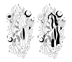 Girl with wild flowers and crescent moons, Black white hand drawn clean illustration with woman in nature, floral natural eco concept, vector design