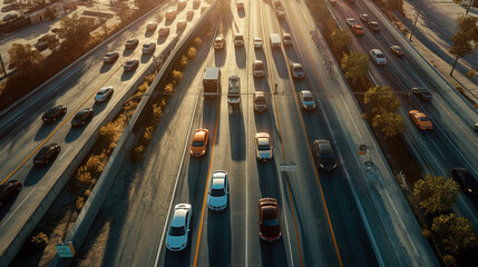 Fototapeta na wymiar Aerial view of traffic on the highway at sunrise. Generative AI