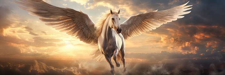 A pegasus flying in sky poster with copy space - Generative AI