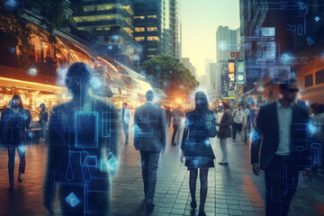 Obraz premium Walking business people are tracked with CCTV AI facial recognition technology, Big Data Analysis, scanning crowd, personal security, privacy protection concept. High quality photo