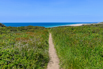 Carteret, Barneville, Küste, Cap de Carteret, Dünen, Wanderweg, Ruine, Wassersport, Strand, Küstenwanderweg, Küstenwanderung, Steinmauer, Gezeiten, Normandie, Sommer, Frankreich