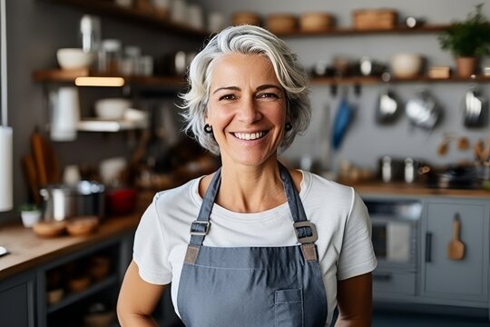 Portrait Of Smiling Senior Woman Standing With Arms Crossed In Kitchen At Home