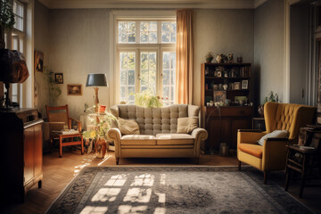 A vintage soft ashen living room is lit with sun beams coming in from the left without people present