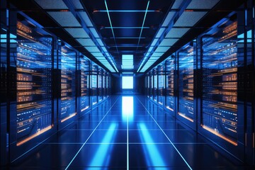 Obraz premium Modern Data Center with Blue LED Lights and Server Racks