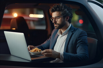 An adult caucasian business-man is working concentrated with computer without logo in the backseat of a expensive modern car while eating a sandwhich