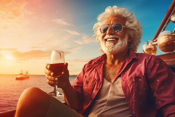 An aged caucasian senior is travelling happy with a glass of wine on a sailing vibrant boat on vacation while retired