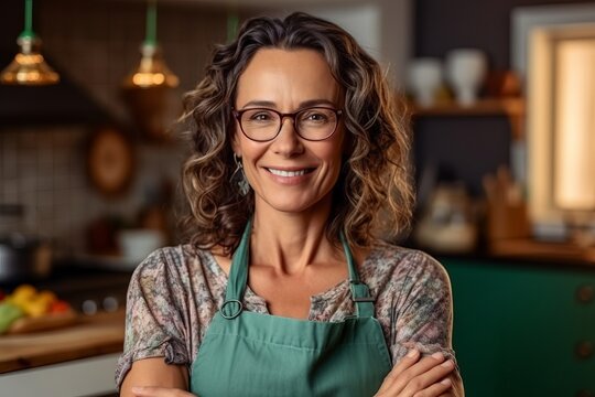 Portrait Of Smiling Mature Woman Standing With Arms Crossed In Kitchen At Home