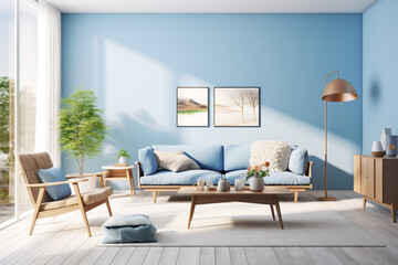 A scandinavian bright blue living room is lit with sun beams coming in from the left without people present