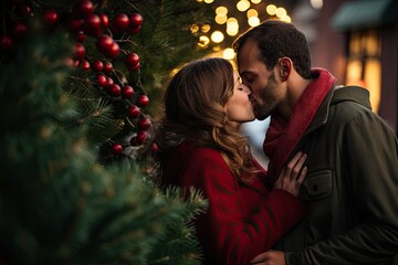 Fototapeta premium Couple kissing at christmas time created with Generative AI technology