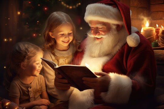 Santa Claus reads a christmas story to young girls