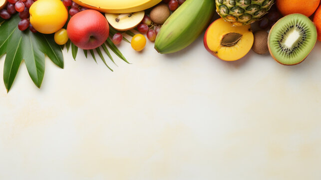 Tropical fruit background, various fruit, pineapple, peach and bananas on white table, banner template with copy space, top view photography created with generative AI