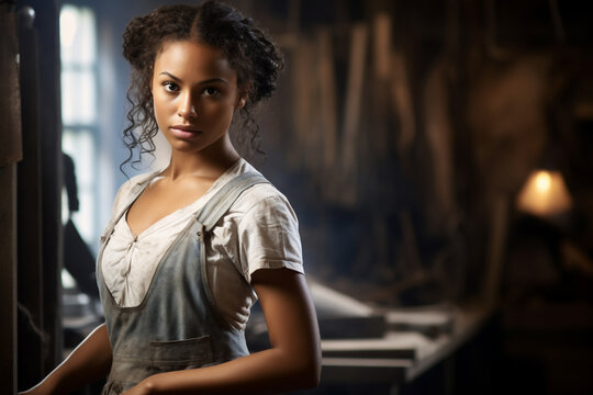 A young african american female craftsman are working happily with a saw in a old workshop wearing an apron - Powered by Adobe