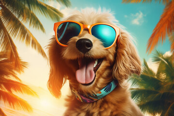 A holiday happy dog is smiling sunglasses with a colorful  background ; a tropical background or banner