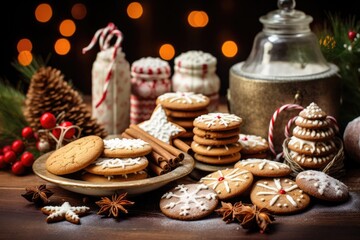 Obraz na płótnie Canvas Christmas cookies and decoration created with Generative AI technology