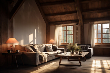 A rustic soft ashen living room is lit with sun beams coming in from the left without people present