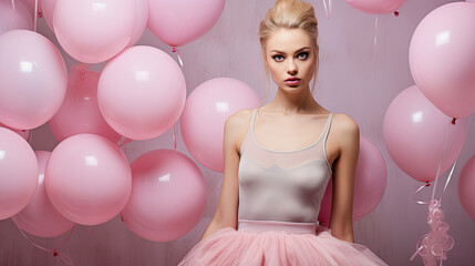 Obraz na płótnie Canvas generative ai illustration of a pretty ballerina with pink party balloons