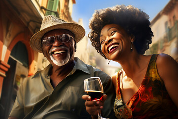 A retired african american elder an his wife are travelling cheerful with a glass of wine in a vibrant city on vacation while retired - obrazy, fototapety, plakaty