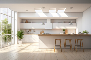 A modern and clean soft white kitchen is lit with sun beams coming in from the left without people present