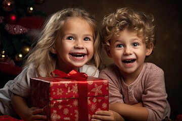 Fototapeta na wymiar Cute toddlers with christmas gift box created with Generative AI technology