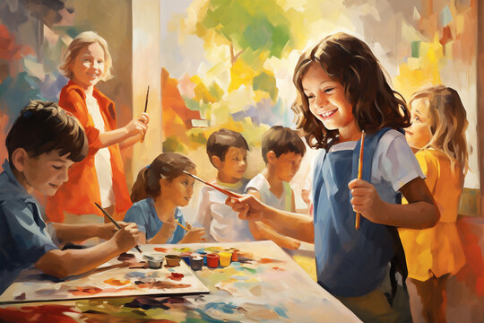 A happy group of boys and girls are painting childly with a painting brush at a crowded school on a large painting