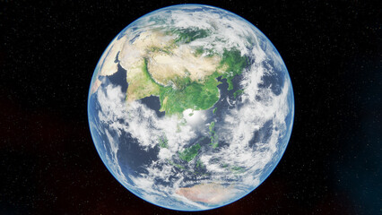 Earth view from space. Day time. Asia. Australia. 4K illustration realistic atmosphere. Clouds from space.