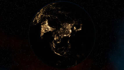 Earth view from space. Night time. Asia. Australia. Night lights from space. 4K illustration realistic atmosphere.